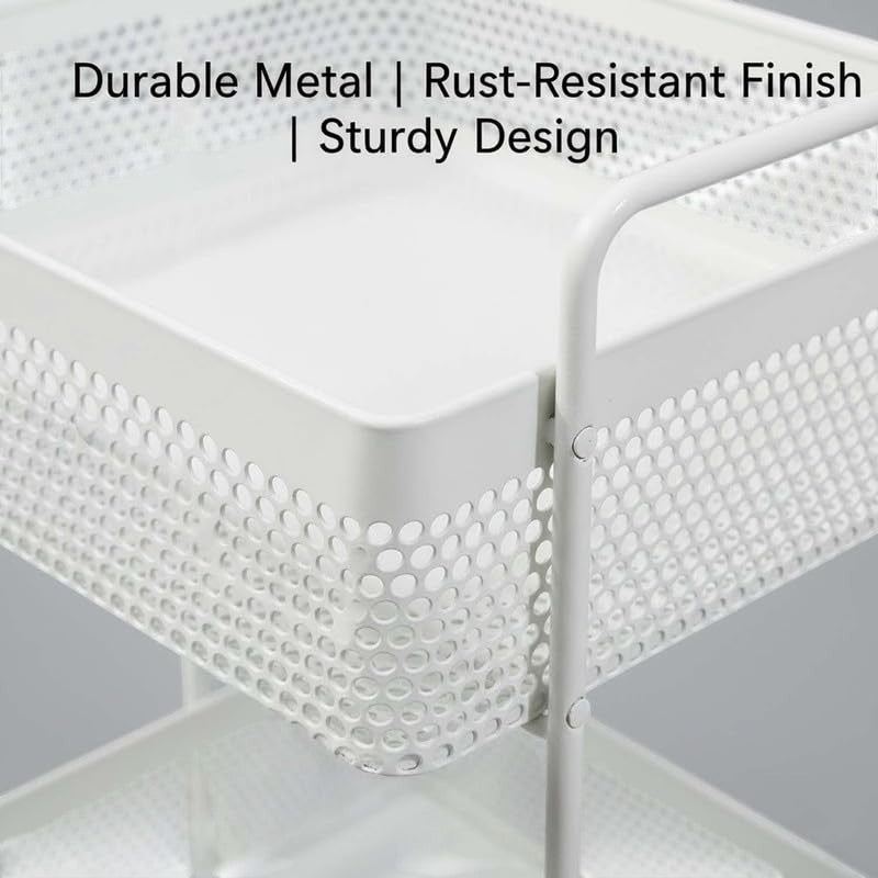 GoHooked white metal 2-tier standing rack organizer with perforated sides, ideal for countertop, bathroom, or vanity storage.