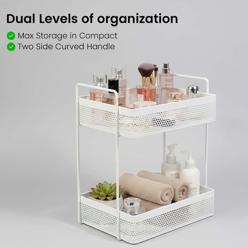 GoHooked white metal 2-tier standing rack organizer with cosmetics and towels
