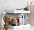 GoHooked white metal 2-tier standing rack organizer for bathroom or kitchen countertop storage. Features hooks on top tier.