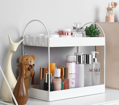 Go Hooked 2-Tier Standing Rack Bathroom Countertop Organizer Vanity Tray Cosmetic Makeup Storage Kitchen Spice Rack Standing Shelf (White, Metal, Pack of 1)