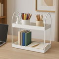GoHooked white metal 2-tier standing rack organizer with books, pencils, and soap dispenser.