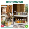 Go Hooked white metal 2-tier standing rack organizer for bathroom or kitchen countertop storage. Holds spices, cosmetics, or toiletries.