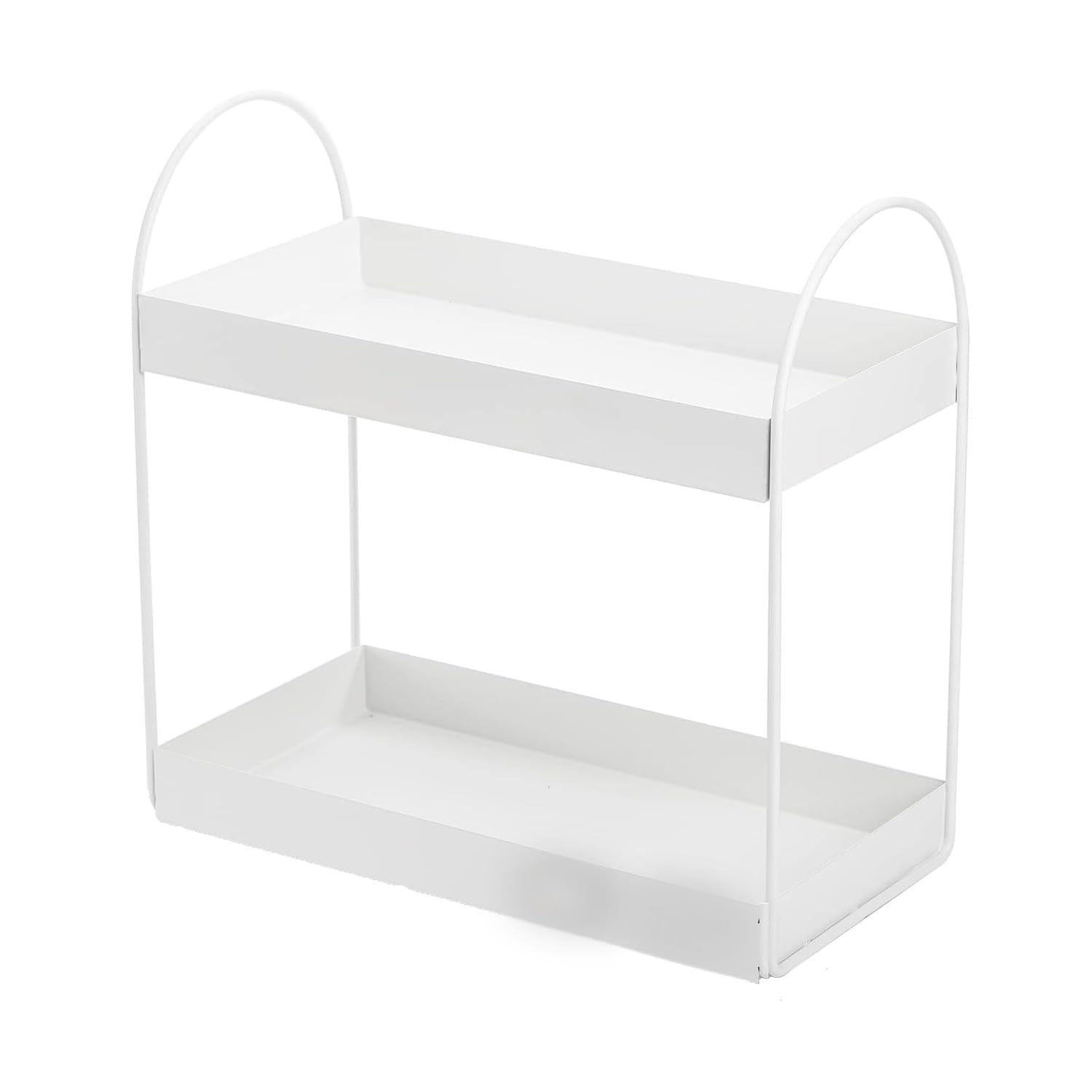 GoHooked white metal 2-tier standing rack for bathroom or kitchen countertop organization. Features curved handles.