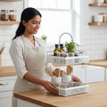 GoHooked white metal 2-tier standing rack organizer with spices, oils, and kitchen utensils