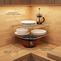 Go Hooked white metal 3-tier corner shelf organizer for kitchen cabinets, holding plates, bowls, and a pot.