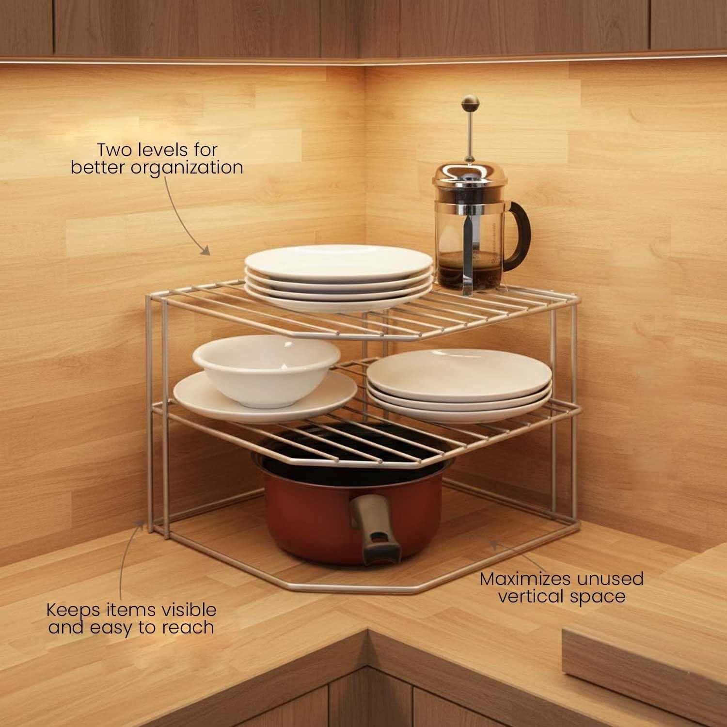 Go Hooked white metal 3-tier corner shelf organizer for kitchen cabinets, holding plates, bowls, and a pot.
