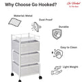 Go Hooked white metal 3-tiered rotating storage cart with perforated baskets and wheels. Assembly-free and easy to clean.