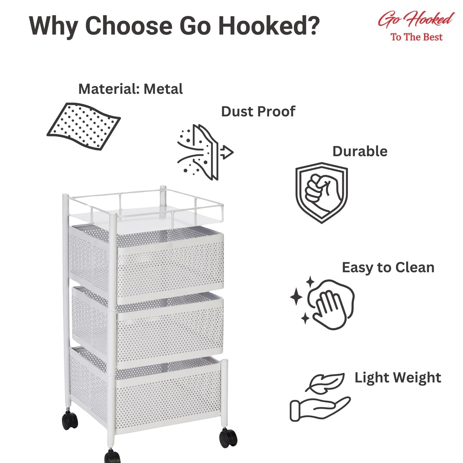 Go Hooked white metal 3-tiered rotating storage cart with perforated baskets and wheels. Assembly-free and easy to clean.