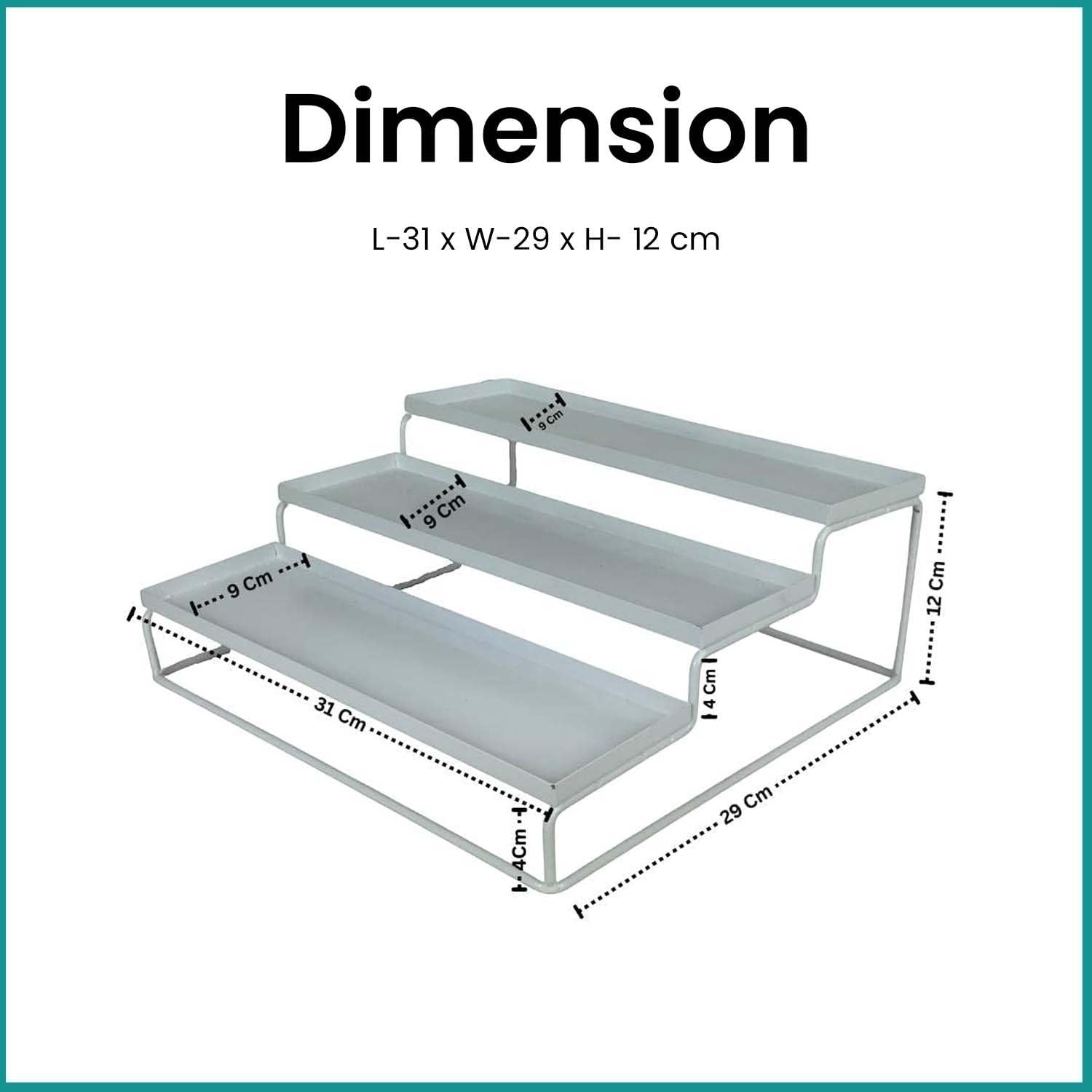 GoHooked white metal 3-tier step spice rack organizer for kitchen cabinets and countertops. Dimensions: 31cm L x 29cm W x 12cm H.