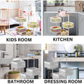 GoHooked white metal 4-tiered rotating storage cart with square baskets, no assembly required, perfect for kitchens, bathrooms, and kids' rooms.