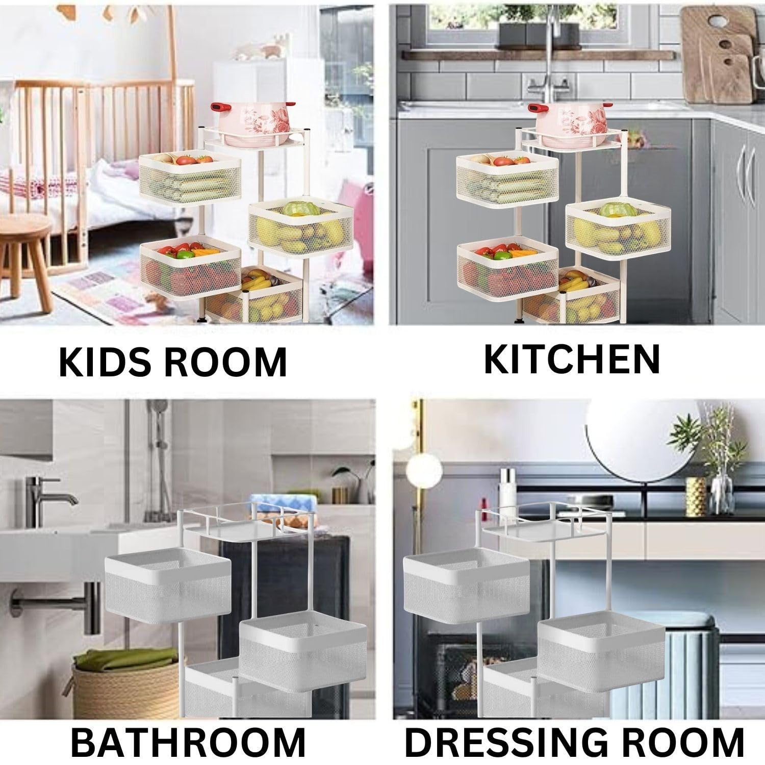 GoHooked white metal 4-tiered rotating storage cart with square baskets, no assembly required, perfect for kitchens, bathrooms, and kids' rooms.