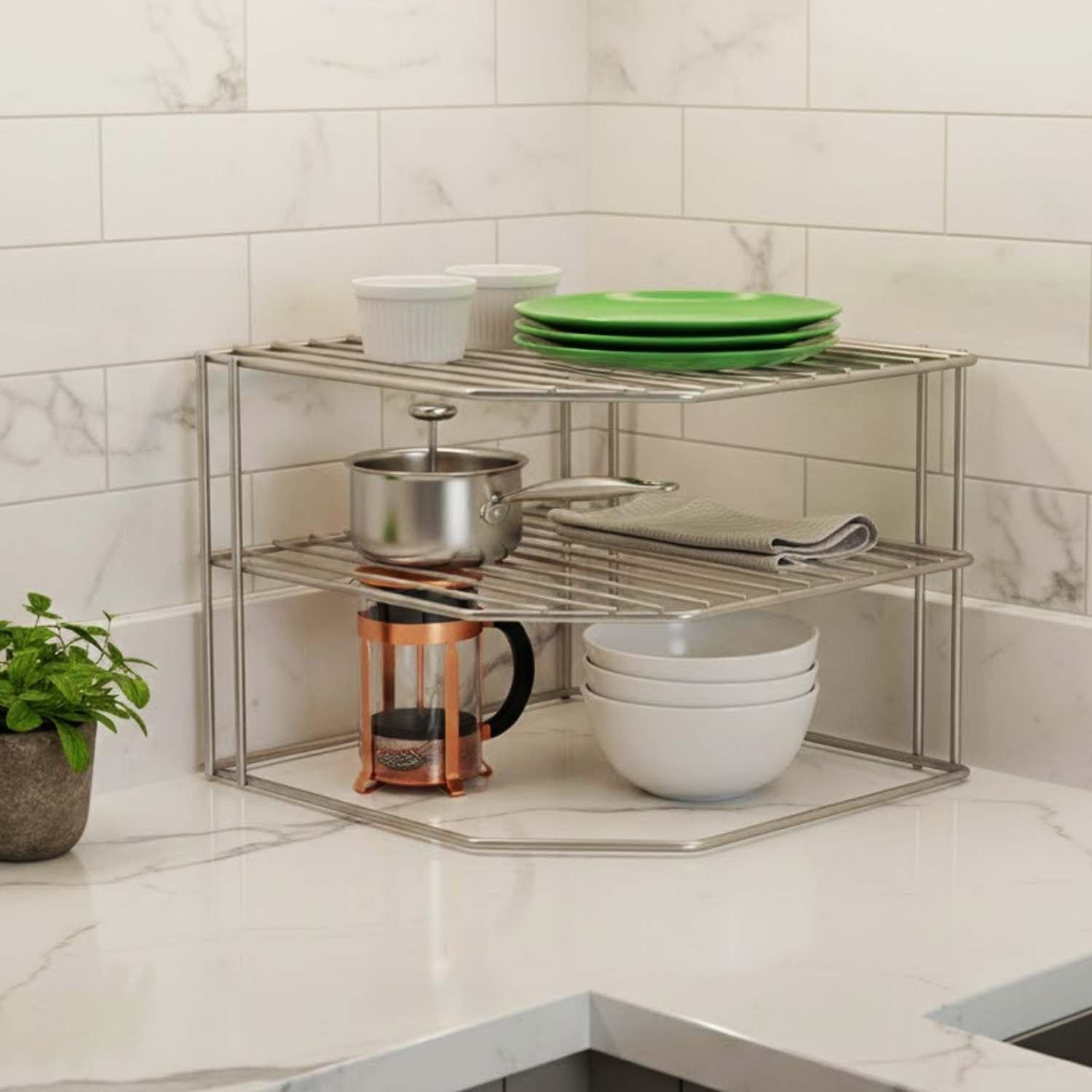 Go Hooked white metal 3-tier corner shelf organizer holding plates, bowls, a pot, and a French press.