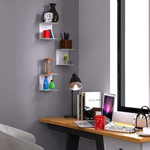 GoHooked white heavy duty iron corner wall shelves, set of 4, for books and decor. Modern design.