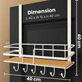 GoHooked white metal over-the-door organizer rack with wooden shelf and 5 hooks, 40cm wide.