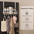 GoHooked white metal over-the-door organizer with wooden shelf and 5 hooks, holding books, sunglasses, and accessories.
