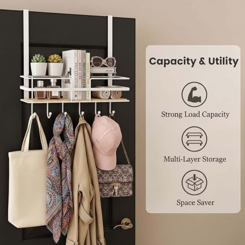 GoHooked white metal over-the-door organizer with wooden shelf and 5 hooks, holding books, sunglasses, and accessories.