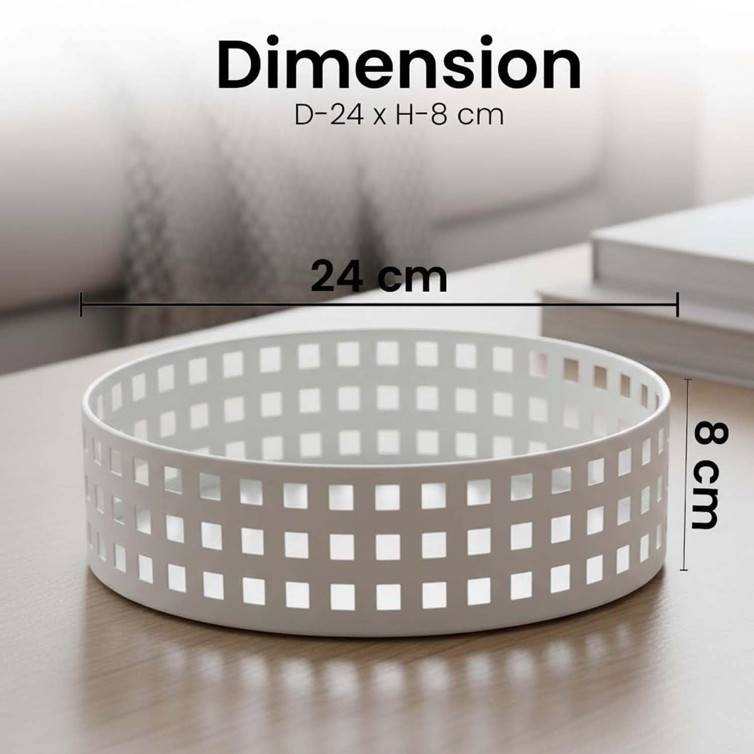 Go Hooked white metal revolving fruit basket with a grid pattern, 24cm diameter, perfect for countertop storage.