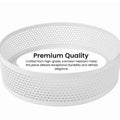 Go Hooked white metal revolving fruit basket with a perforated design for ventilation and a lazy susan base.