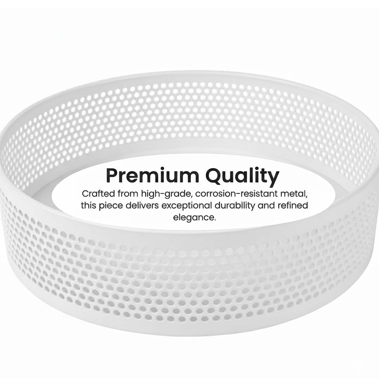 Go Hooked white metal revolving fruit basket with a perforated design for ventilation and a lazy susan base.