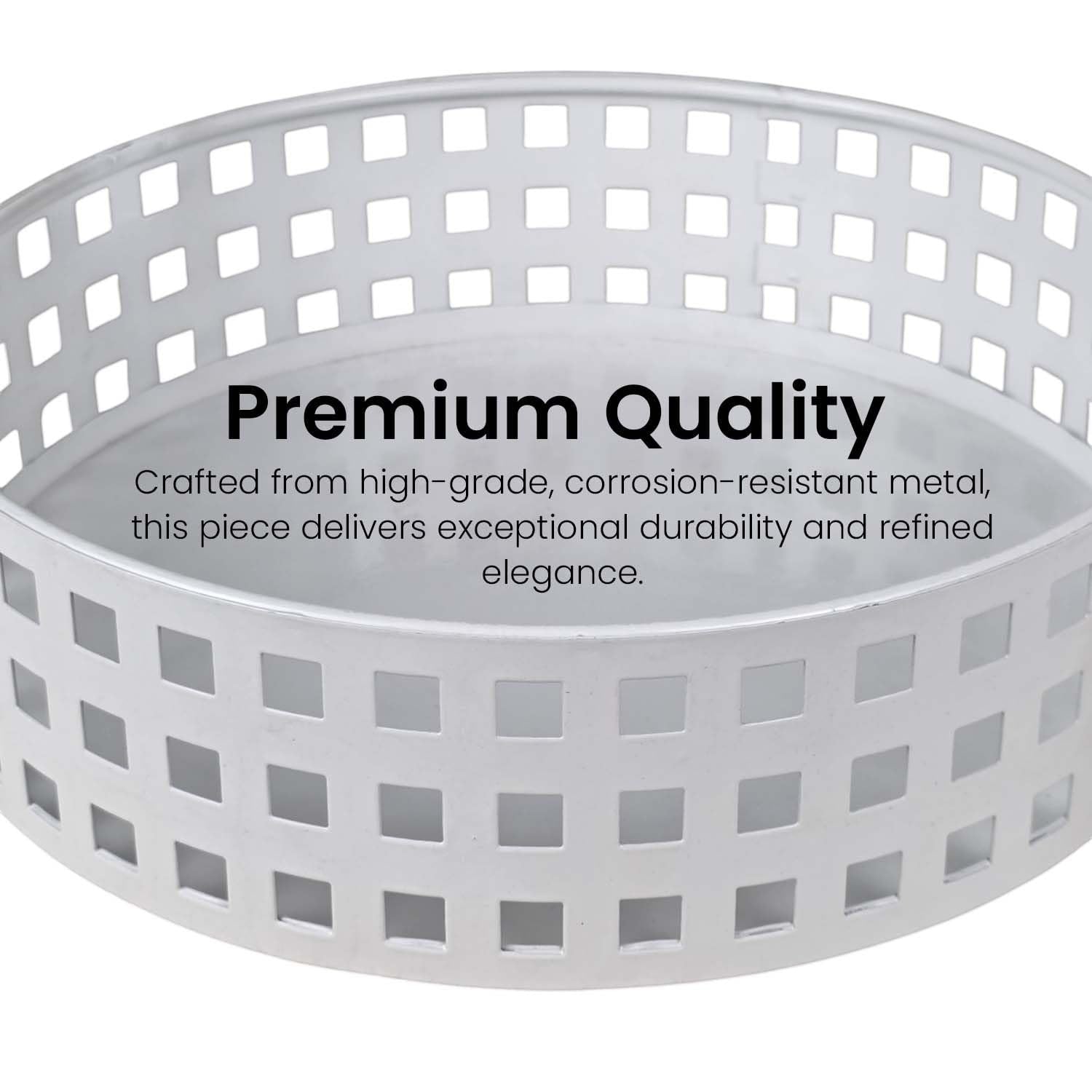 GoHooked white metal revolving fruit basket with a grid pattern for ventilation and easy access.