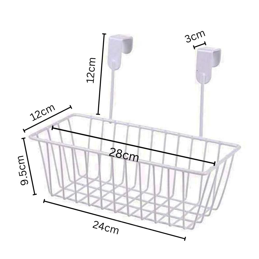 GoHooked white metal over-the-door hanging basket organizer with dimensions labeled