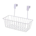 GoHooked white metal over-the-door hanging basket organizer with two hooks. Ideal for kitchens and bathrooms.