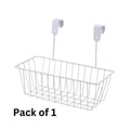 GoHooked white metal over door hanging basket organizer, 12D x 28W x 9.5H cm, modern and versatile for kitchen or bathroom storage.