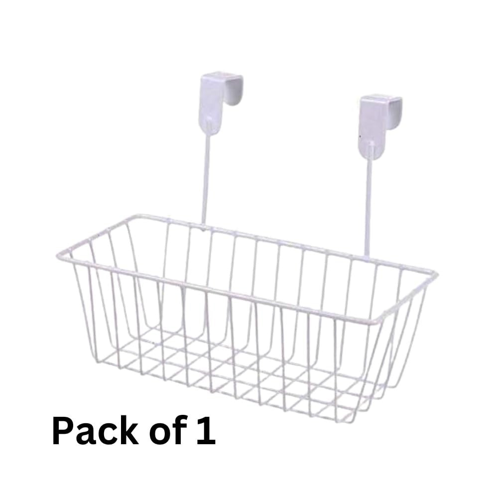 GoHooked white metal over door hanging basket organizer, 12D x 28W x 9.5H cm, modern and versatile for kitchen or bathroom storage.