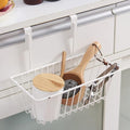 GoHooked white metal over door hanging basket organizer with wooden spoon and scrub brush