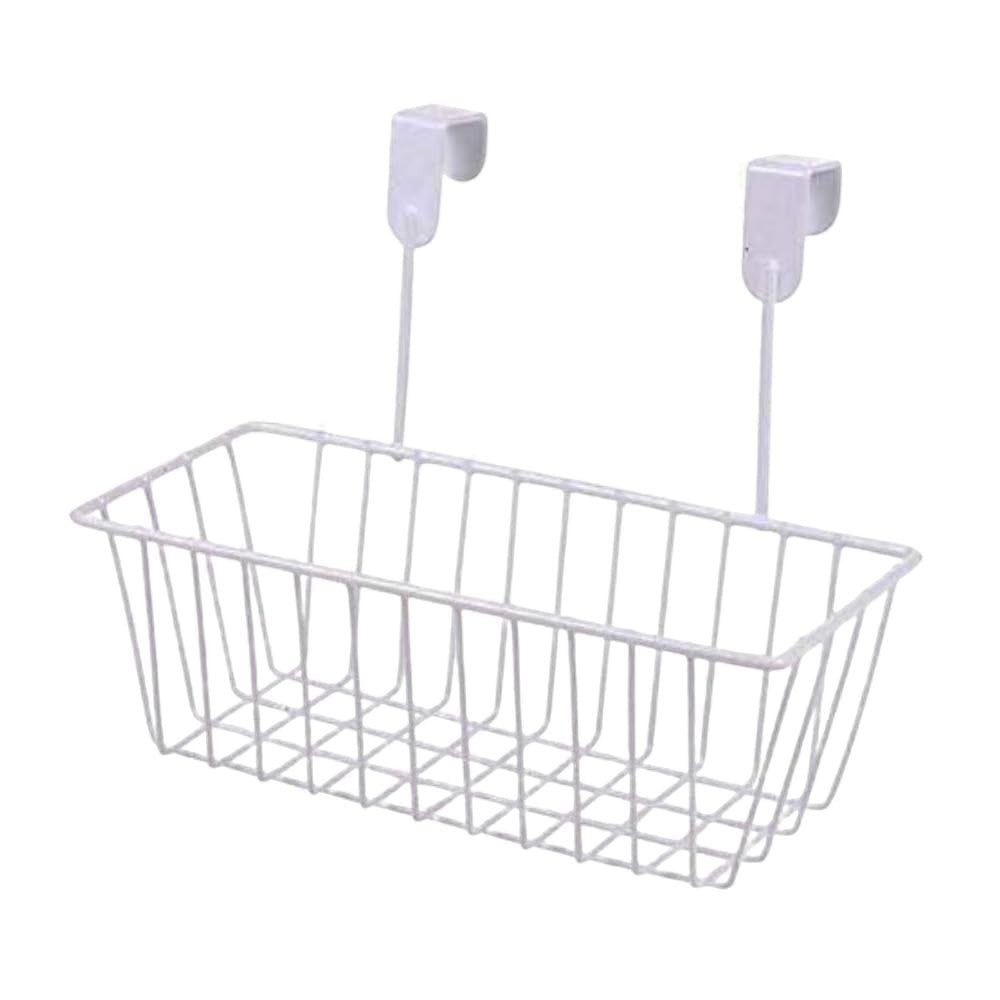 GoHooked white metal over-the-door hanging basket organizer with two hooks. Space-saving and versatile.