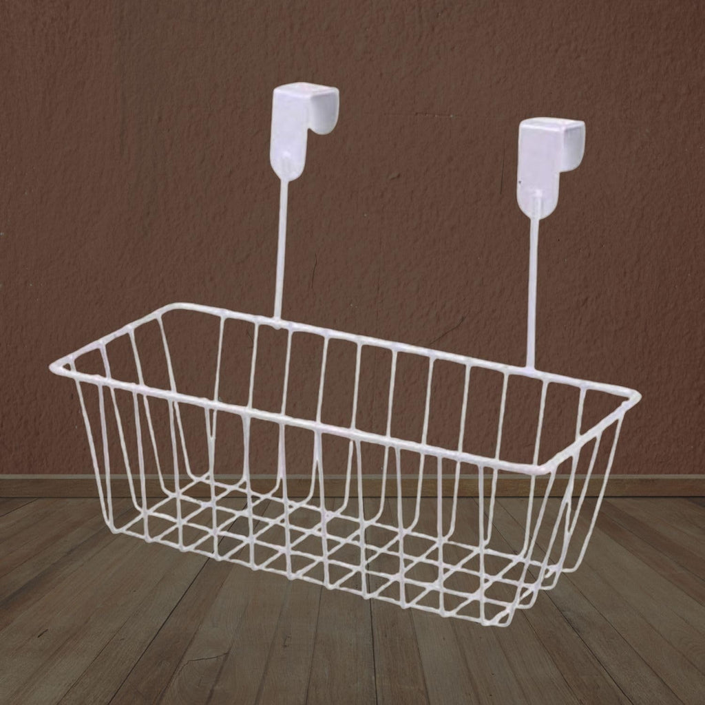 GoHooked white metal over-the-door hanging basket with a rectangular shape and grid design. Ideal for kitchen or bathroom storage.
