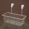 GoHooked white metal over-the-door hanging basket with a rectangular shape and grid design. Ideal for kitchen or bathroom storage.