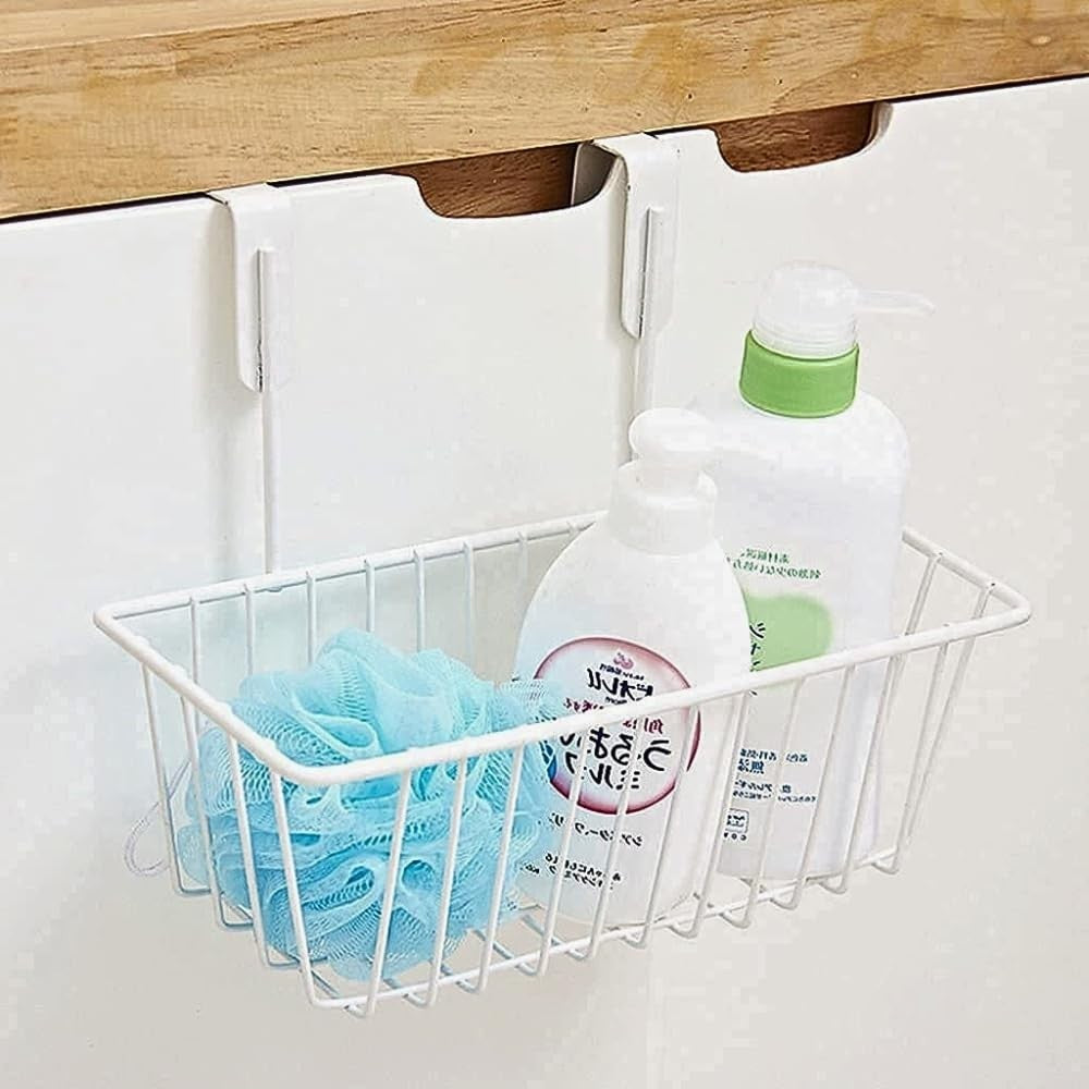 GoHooked white metal over-door hanging basket with blue pouf and two bottles of soap.