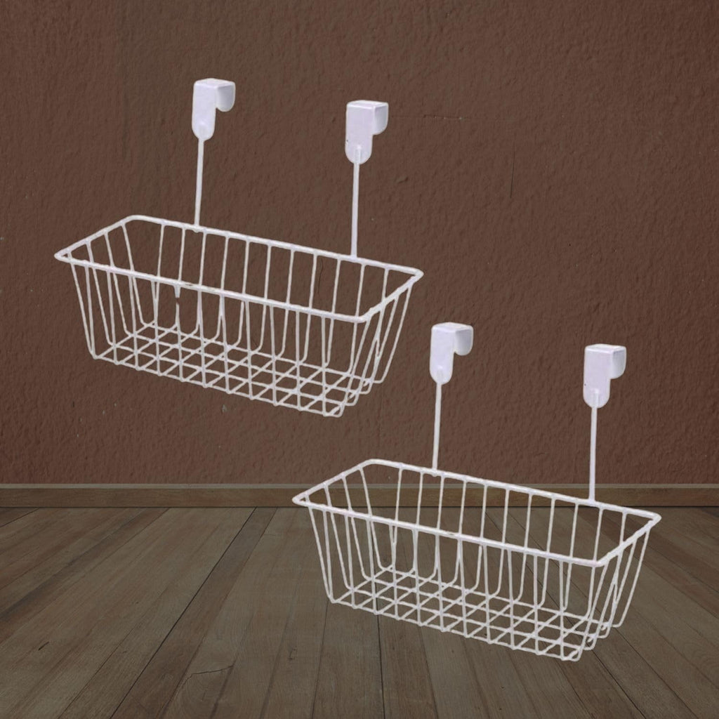 GoHooked white metal over door hanging basket storage organizer, pack of 2. Space-saving and versatile.