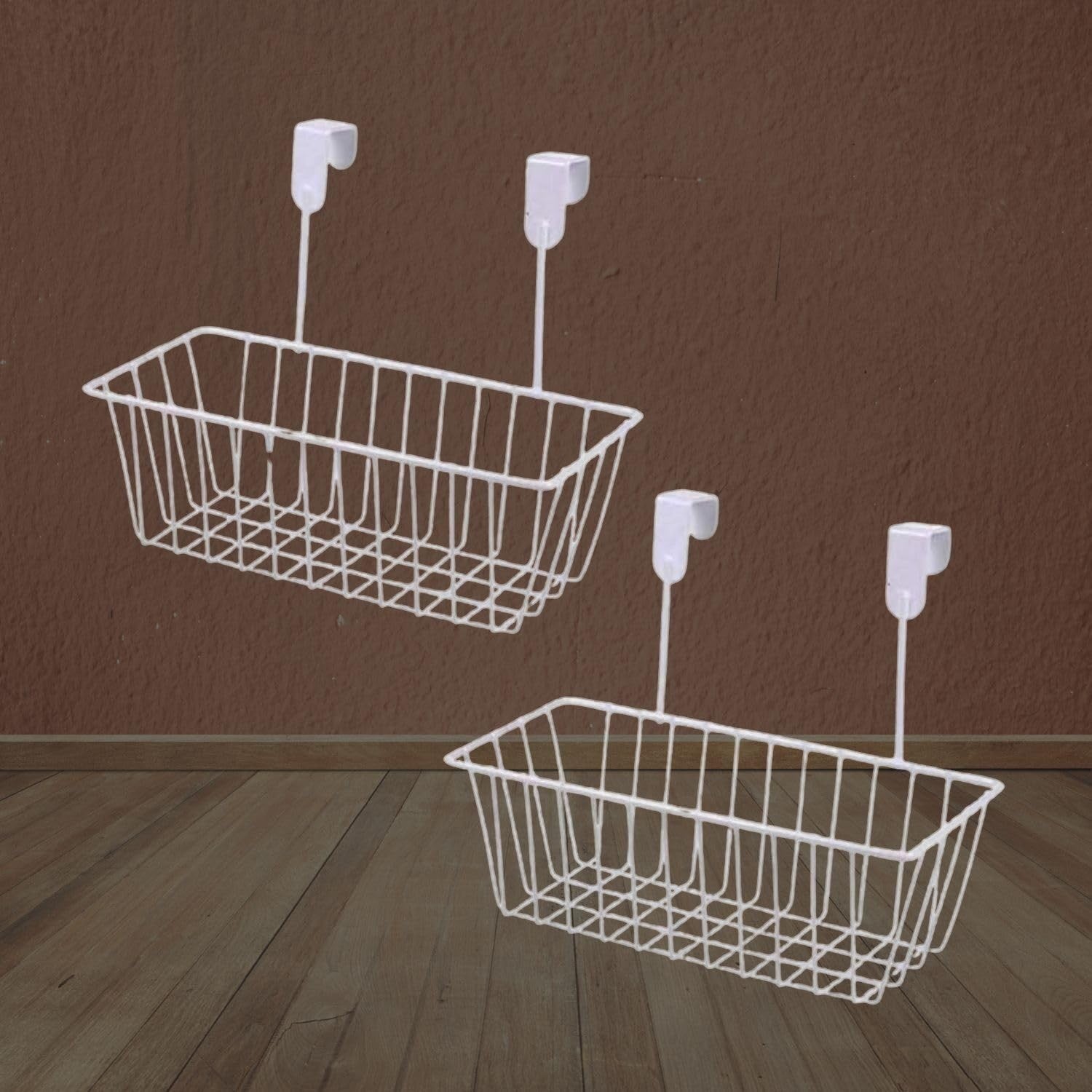 GoHooked white metal over door hanging basket storage organizer, pack of 2. Space-saving and versatile.