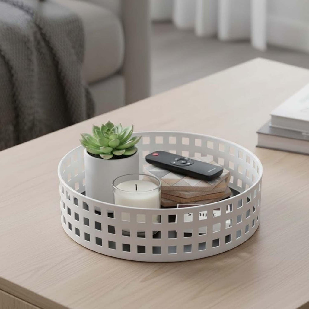 Go Hooked Revolving Metal Fruit Basket for Home | Mesh Rotating Countertop Storage Tray for Fruits, Snacks, Decor & Daily Essentials | White Lazy Susan Organizer for Living Room, Dining Table & Office