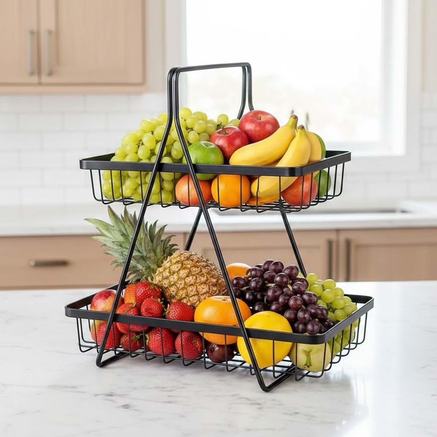 Go Hooked white double-layer metal mesh fruit bowl with handle, 12-inch wire basket for fresh fruit display.