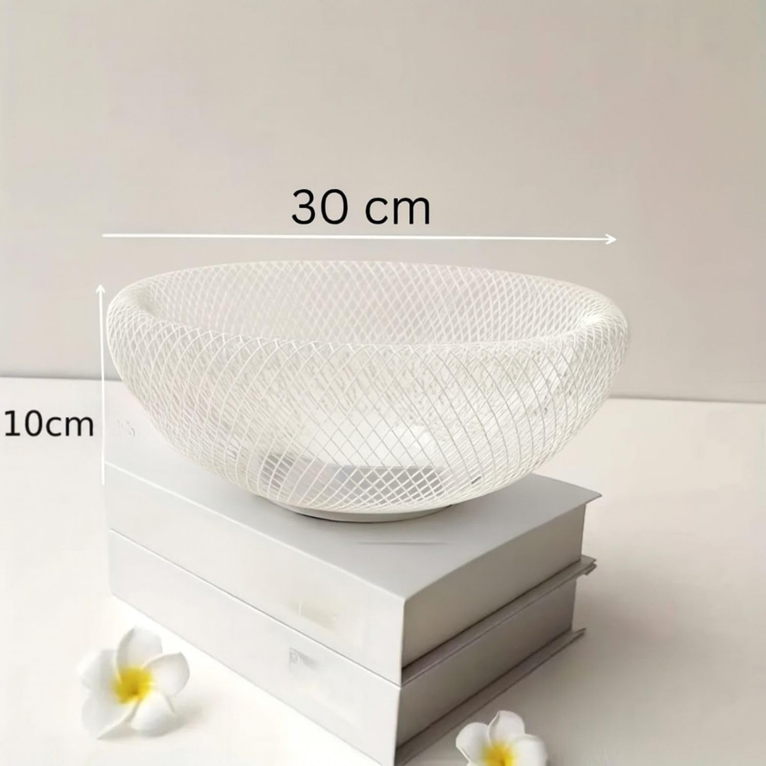 GoHooked white double-layer metal mesh fruit bowl, 12-inch diameter, for table or desk storage.