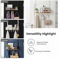 GoHooked white metal over-the-door organizer with wooden shelf and 5 hooks for bathroom, bedroom, or entryway storage.