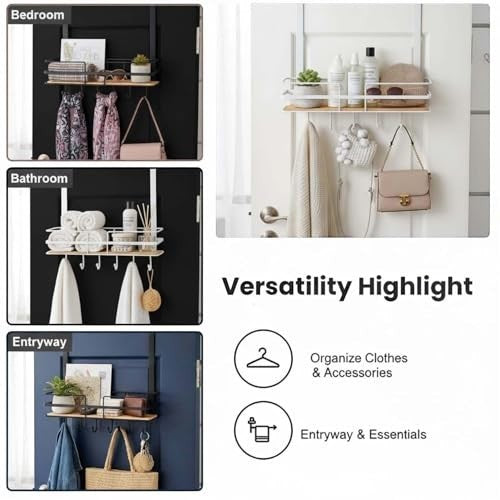 GoHooked white metal over-the-door organizer with wooden shelf and 5 hooks for bathroom, bedroom, or entryway storage.