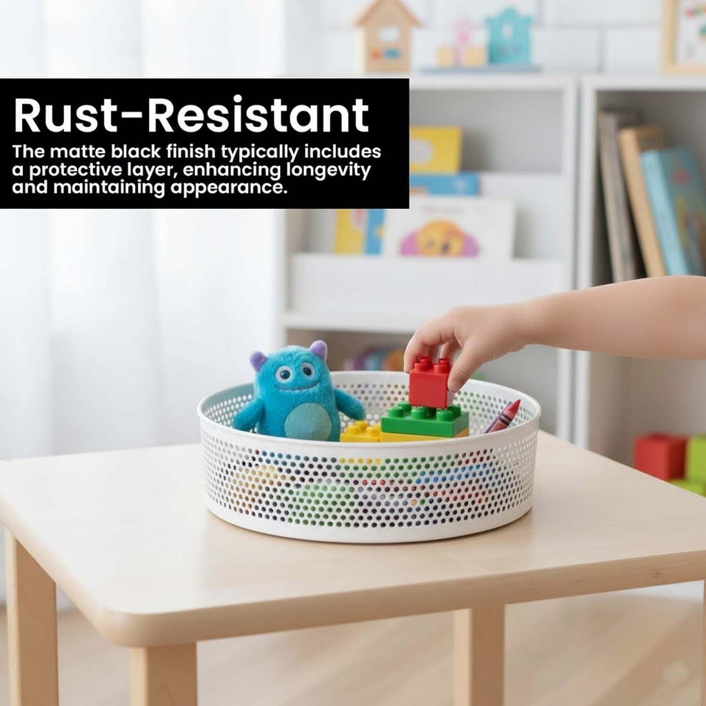 Go Hooked white metal revolving organizer basket filled with toys and a plush monster.