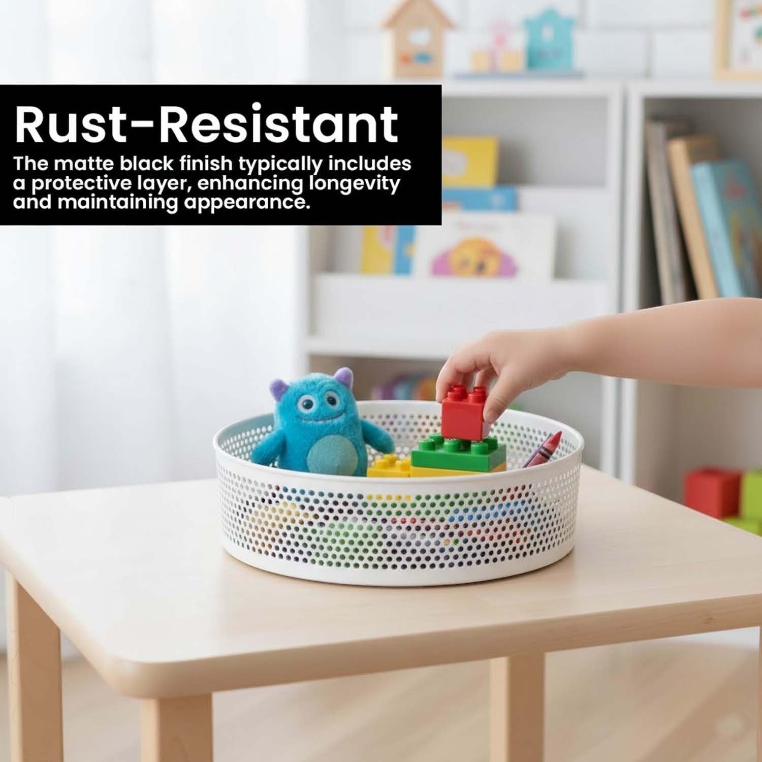 Go Hooked white metal revolving organizer basket filled with toys and a plush monster.
