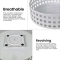 GoHooked white metal revolving bathroom organizer tray with a grid pattern and raised edge for cosmetics and toiletries.