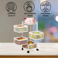 Go Hooked white metal 4-tier rotating storage cart with mesh baskets filled with fruits and vegetables.
