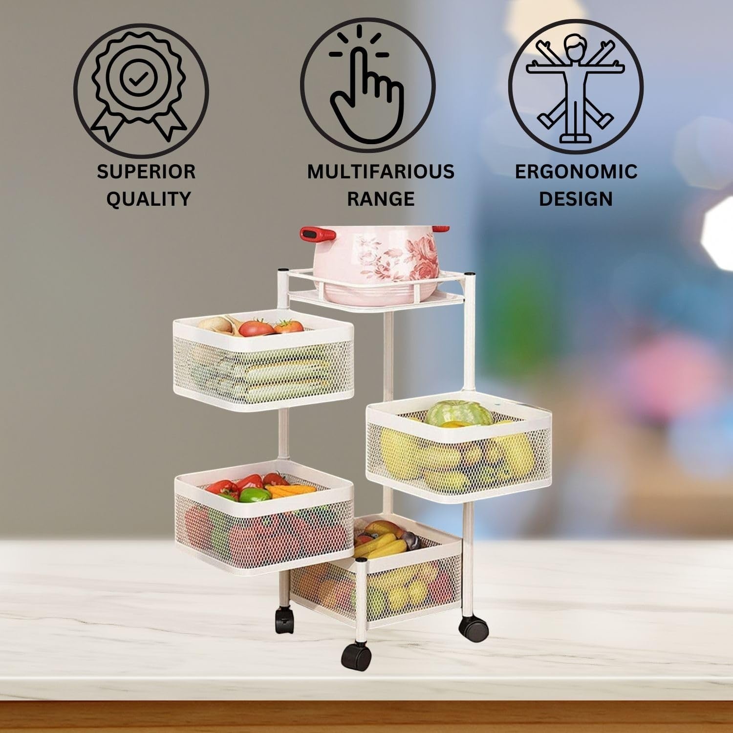 Go Hooked white metal 4-tier rotating storage cart with mesh baskets filled with fruits and vegetables.