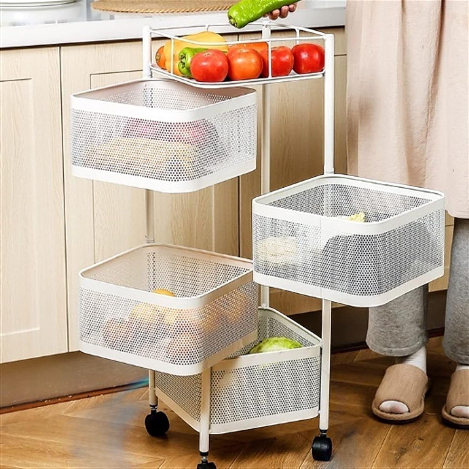 GoHooked white metal 4-tier rotating storage cart with mesh baskets, perfect for kitchen fruit and vegetable organization.