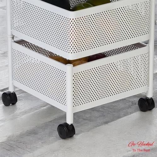 Go Hooked white metal 3-tiered rotating storage cart with perforated baskets and wheels, perfect for kitchen or bathroom organization.