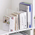 GoHooked white metal wire shelf dividers organizing books and binders on a shelf. Set of 3.