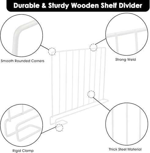 GoHooked white metal wardrobe shelf divider with smooth rounded corners, strong welds, rigid clamp, and thick steel material.
