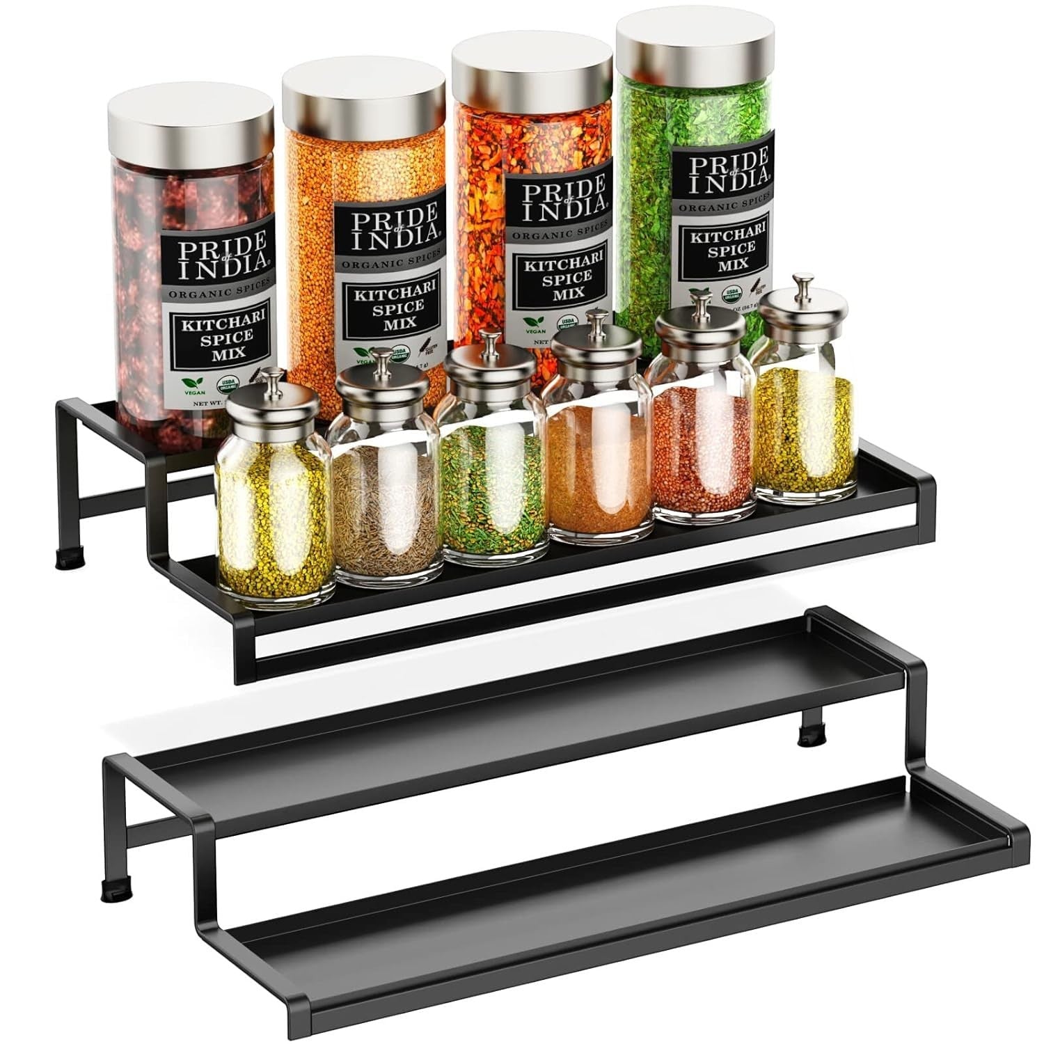 GoHooked 3-tier white metal spice rack organizer with spice jars and bottles on top shelf. Two shelves shown.